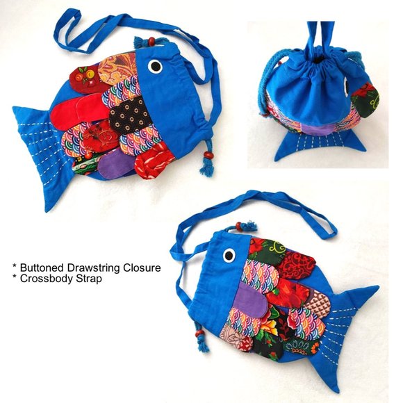 New Patchwork Kids Fish Blue Crossbody Bag Mini Tote Drawstring Red Purple Lined - Picture 6 of 11